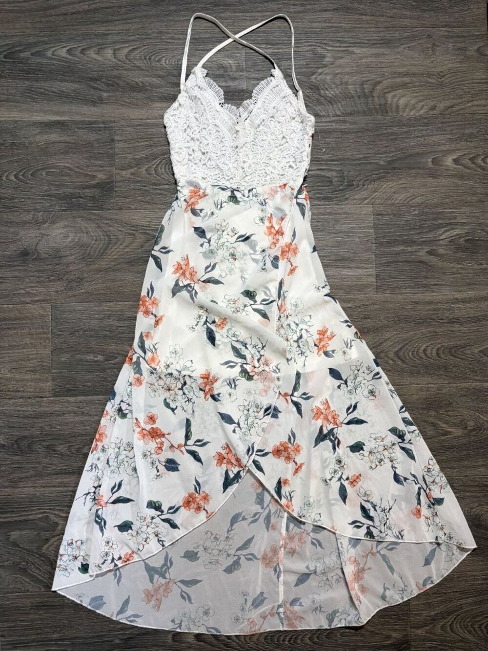 Floral Lace Midi Hi Low Dress Small Spaghetti Straps Cross Back Boho Festival